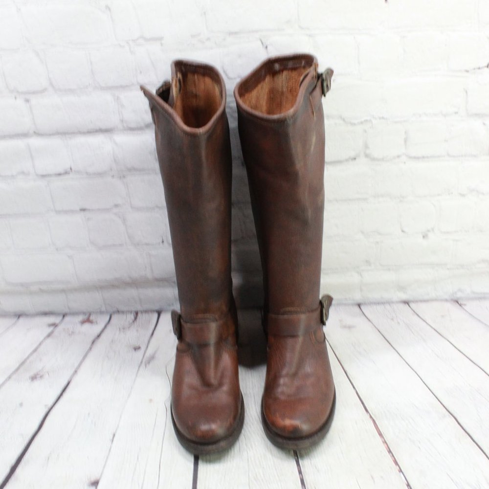 FRYE Veronica Brown Distressed Leather Buckle Tall  Boots Size 7.5 B - Picture 5 of 10